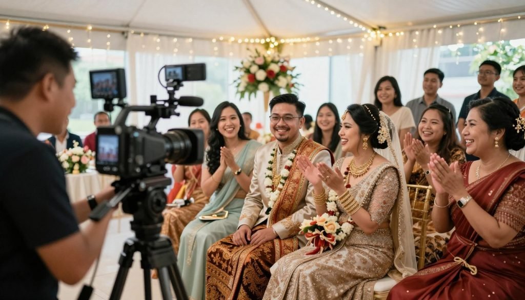 A cinematic wedding scene featuring a vibrant Asian wedding celebration in Birmingham. In the foreground, a professional videographer from Ikonic Media Solutions captures the joyous moments, equipped with a high-end camera on a tripod. The middle ground showcases the elegantly adorned bride and groom, dressed in exquisite traditional attire, surrounded by friends and family expressing happiness. The background highlights a beautifully decorated venue with fairy lights and floral arrangements, creating a warm and inviting atmosphere. Soft, natural lighting bathes the scene, enhancing the emotions of love and celebration. The angle captures the dynamic interaction between the couple and their guests, with a slight depth of field focus on the couple, embodying a romantic and celebratory mood. A cinematic wedding scene featuring a vibrant Asian wedding celebration in Birmingham. In the foreground, a professional videographer from Ikonic Media Solutions captures the joyous moments, equipped with a high-end camera on a tripod. The middle ground showcases the elegantly adorned bride and groom, dressed in exquisite traditional attire, surrounded by friends and family expressing happiness. The background highlights a beautifully decorated venue with fairy lights and floral arrangements, creating a warm and inviting atmosphere. Soft, natural lighting bathes the scene, enhancing the emotions of love and celebration. The angle captures the dynamic interaction between the couple and their guests, with a slight depth of field focus on the couple, embodying a romantic and celebratory mood.